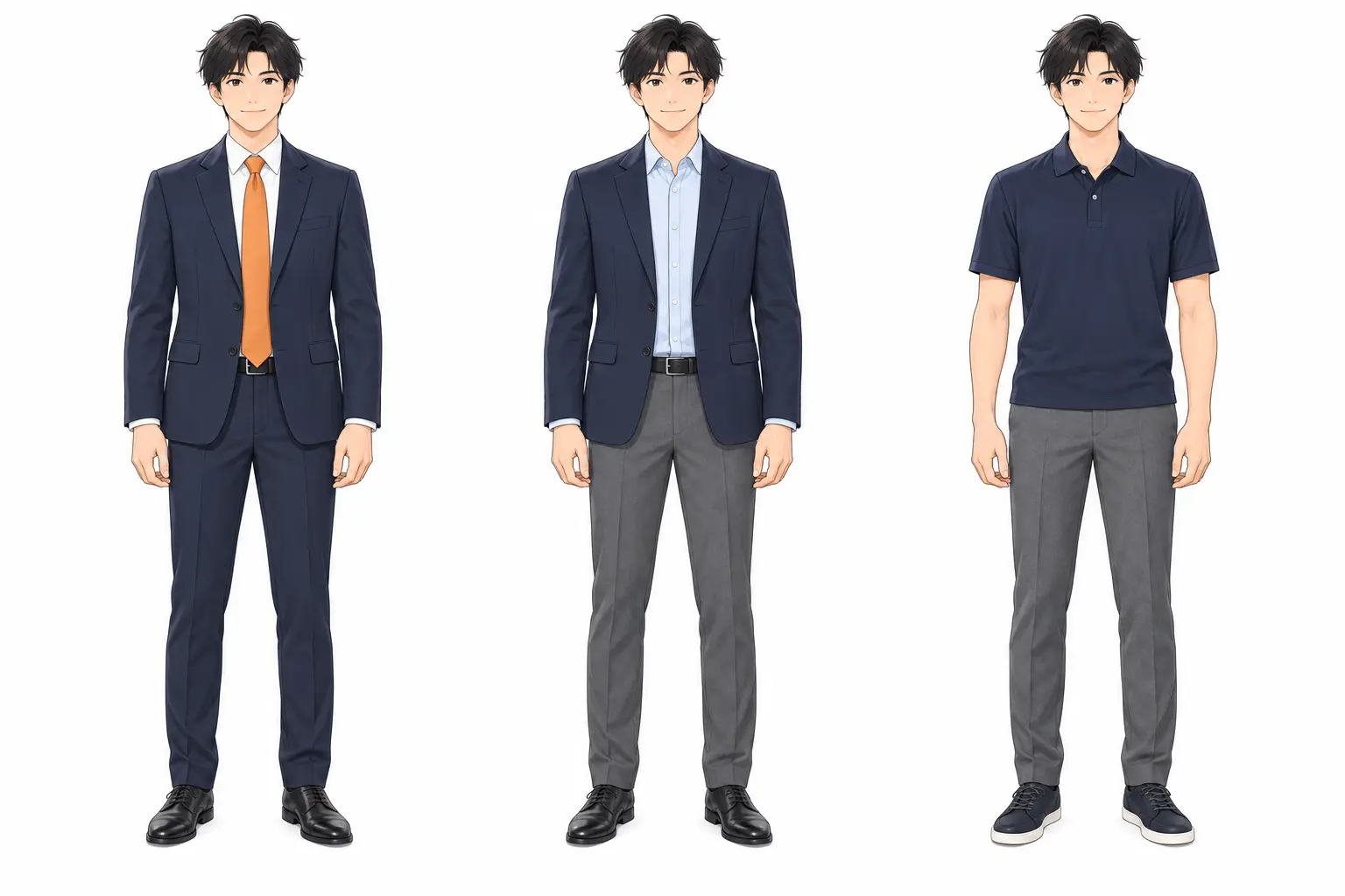 営業マンの服装例。スーツ、ジャケットとスラックス、ポロシャツとスラックス