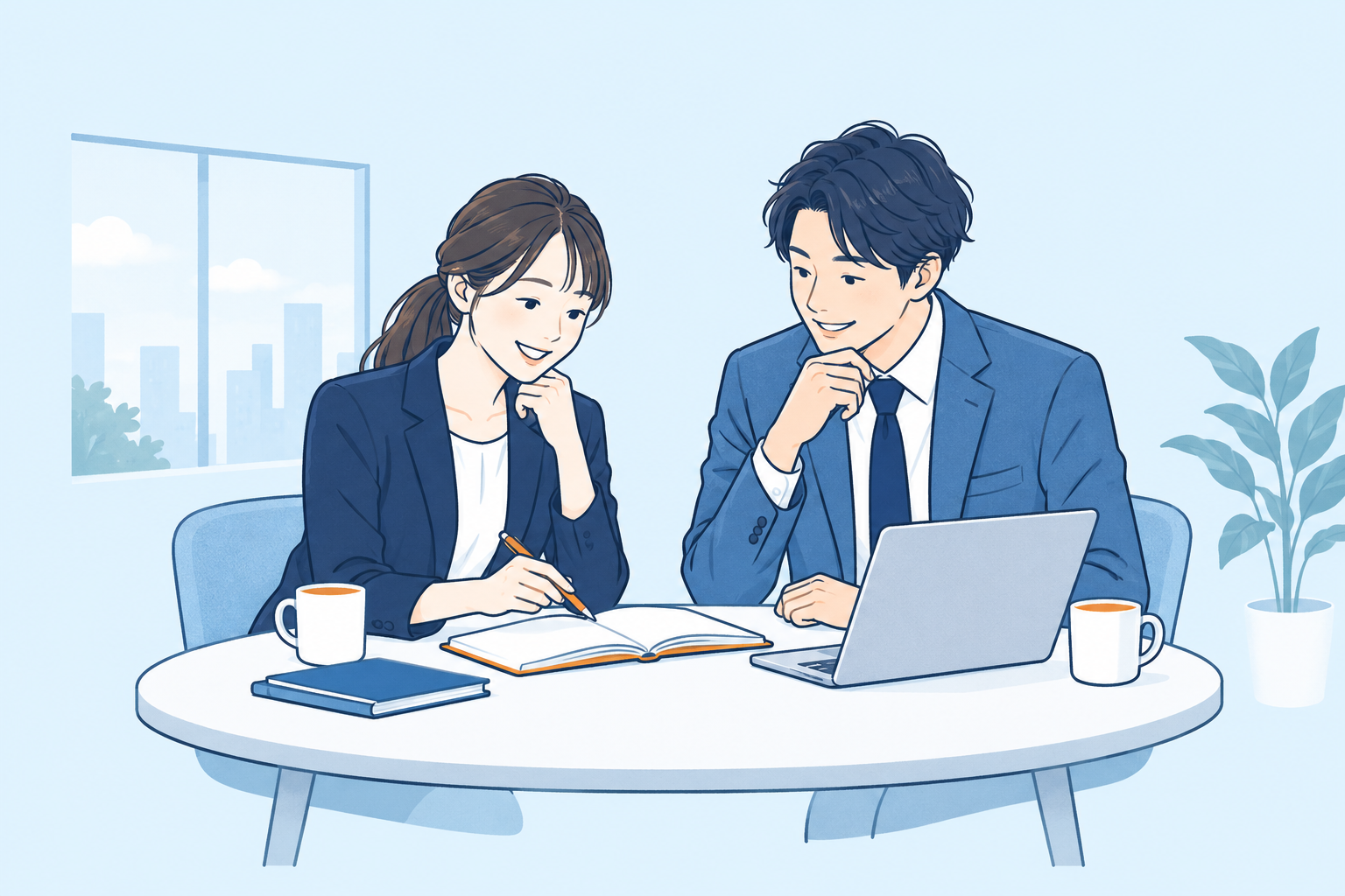 仕事のノートを広げ、商談の進め方を相談する二人